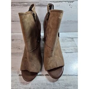 Fergie Roland Brown Suede Leather‎ Peep Toe Ankle Boots Buckle Block Heel 10M